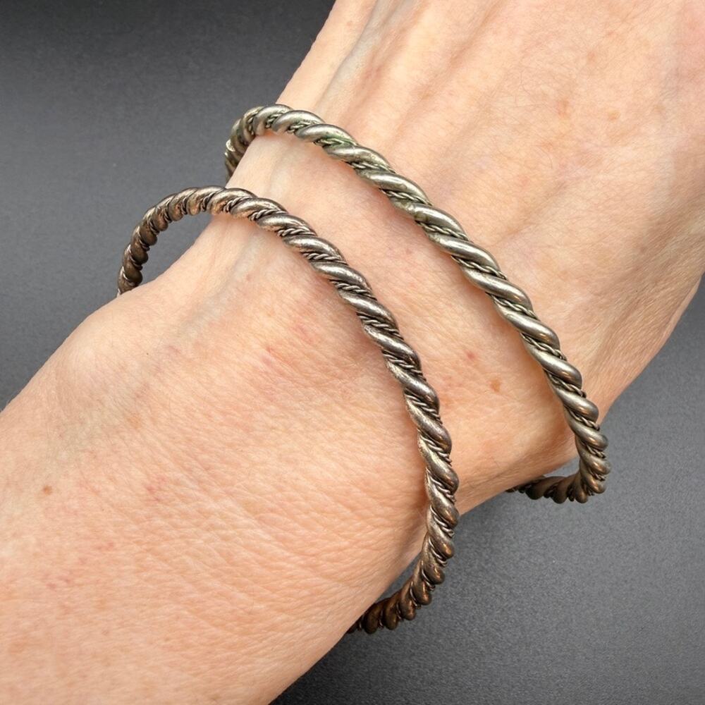 Set of 2 Vintage Twisted Rope Bangle Bracelets Southwest Nickel Silver Stack